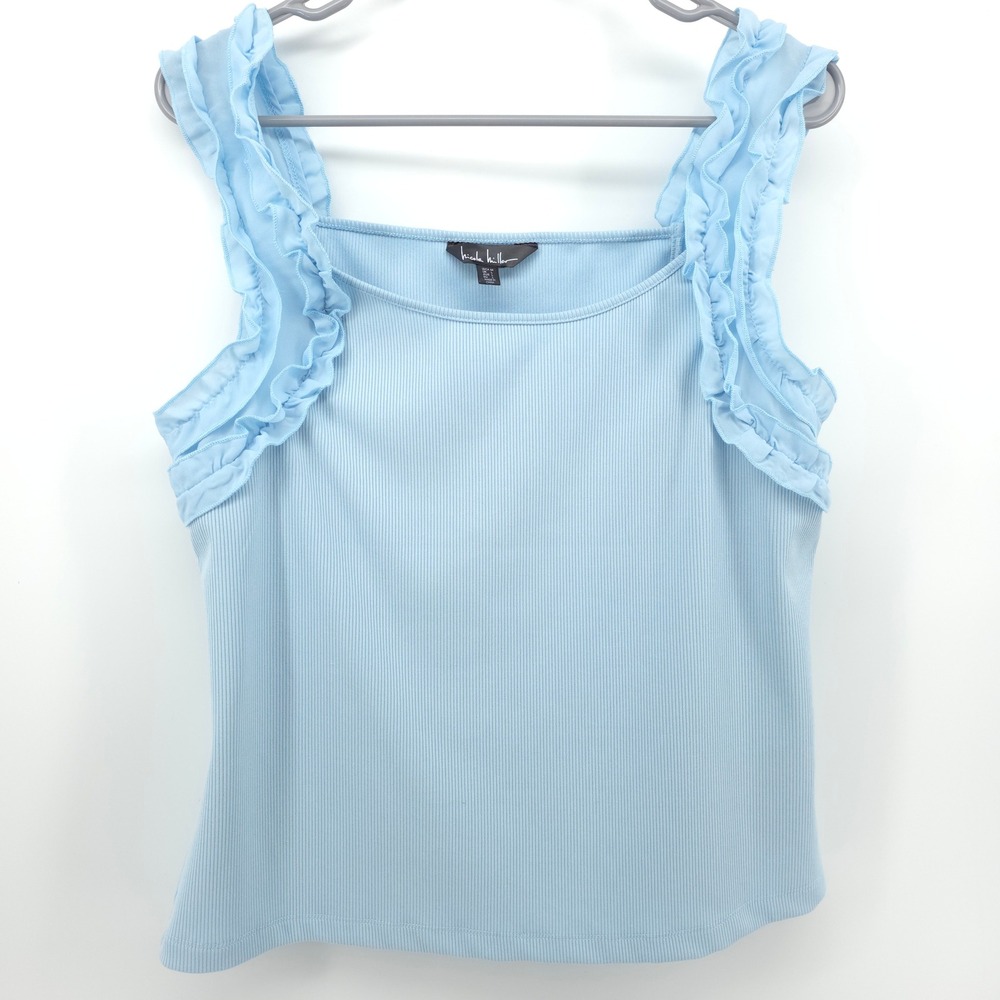 Nicole Miller Womens Tank‎ Top Ruffle Strap Med Blue Ribbed Square Neck Tank